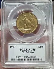 This is a picture showing 1907 U.S. $10 Indian Head Gold Eagle Coin No Motto AU55 PCGS