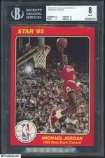 This is a picture showing 1985 Star Slam Dunk Supers 5x7 #5 Michael Jordan RC Rookie HOF BGS 8 w/ 9.5