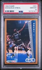 This is a picture showing 1992 FLEER #401 SHAQUILLE O'NEAL ROOKIE RC PSA 10