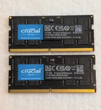This is a picture showing Micron Crucial 64GB Kit (2x32GB) DDR5-5600 SODIMM Laptop Memory CT2K32G56C46S5
