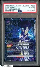 This is a picture showing 2026 UNION ARENA BT/SLG SOLO LEVELING #022 SUNG JINWOO 3 STAR SIGNATURE PSA 10