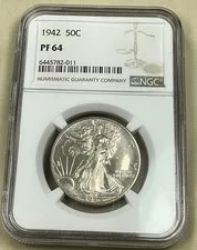This is a picture showing 1942 Proof Walking Liberty Half Dollar 50c NGCPF64 (2011). Free Shipping.