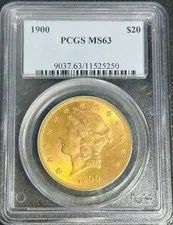 This is a picture showing 1900 P American Double Eagle Coronet Head Gold Coin $20 Dollars MS63 PCGS Graded