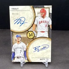 This is a picture showing 2025 Topps Museum Collection Mike Trout - Bobby Witt Jr. Dual AUTO SP 4/10 BB5