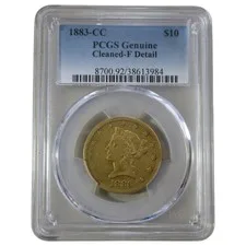 This is a picture showing $10 GOLD 1883 CC CARSON CITY EAGLE SUPER DATE PCGS F DETAIL