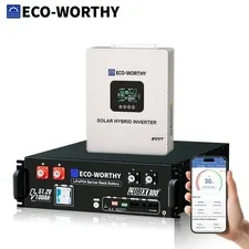 This is a picture showing ECO-WORTHY 5120Wh 48V 100Ah LiFePO4 Battery & 5kW 48V Soalr Inverter For Home