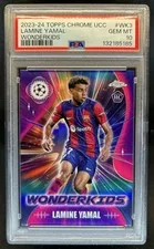 This is a picture showing 2023-24 Topps Chrome UEFA Lamine Yamal Wonderkids RC #WK-3 Barcelona PSA 10