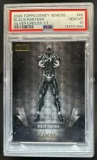 This is a picture showing 2025 Topps Disney Genesis Black Panther Silver Circles #1/1 PSA 10 GEM MINT