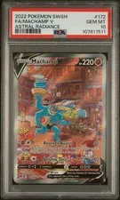 This is a picture showing 2022 POKEMON SWORD & SHIELD ASTRAL RADIANCE #172 FULL ART/MACHAMP V PSA 10