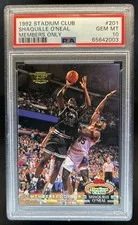 This is a picture showing 1992-93 Topps Stadium Club Shaquille O'Neal Rookie RC Members Only #201 PSA 10
