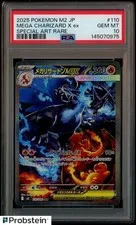 This is a picture showing 2025 Pokemon M2 Japanese Special Art Rare #110 Mega Charizard X ex PSA 10