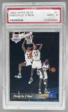 This is a picture showing 1992 Upper Deck 1 Shaquille O'Neal RC PSA 9 03459683