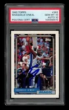 This is a picture showing 1992-93 Topps: #362 Shaquille O'Neal Auto PSA 10 GEM MINT AUTO 10