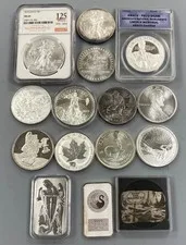 This is a picture showing 15 Troy Ounces .999 Silver coins Bars rounds nice mix L23791
