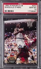 This is a picture showing 1992 TOPPS STADIUM CLUB #247 SHAQUILLE O'NEAL ROOKIE RC PSA 10