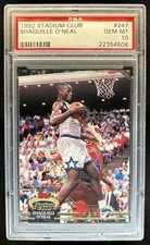 This is a picture showing 1992-93 Topps Stadium Club Shaquille O'Neal Rookie RC #247 Magic PSA 10 GEM MINT