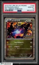 This is a picture showing 2012 Pokemon JPN B & W Promo PM + NBNG's Ambition #144 Rayquaza Holo PSA 10