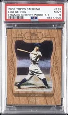 This is a picture showing 2008 TOPPS STERLING FRAMED CHERRY WOOD 1/1  #235 LOU GEHRIG 1/1 PSA 9