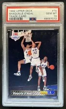 This is a picture showing 1992-93 Upper Deck Shaquille O'Neal Trade Card Rookie RC #1b Magic PSA 10