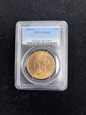 This is a picture showing 1896 S Gold $20 Liberty Double Eagle PCGS MS62