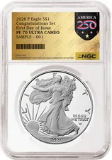 This is a picture showing 2026 P Congratulations Set Proof Silver Eagle NGC PF 70, FDOI Gold 250th Presale