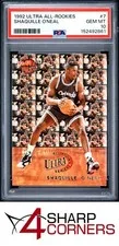 This is a picture showing 1992 ULTRA ALL-ROOKIES #7 SHAQUILLE O'NEAL RC MAGIC HOF PSA 10