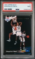 This is a picture showing 1992 Upper Deck #1 Shaquille O’Neal Rookie RC PSA 9 Mint Orlando Magic HOF