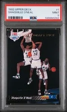 This is a picture showing 1992 UPPER DECK #1 SHAQUILLE O'NEAL ROOKIE RC PSA 9