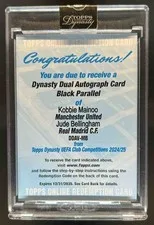 This is a picture showing 2024-25 Topps Dynasty UEFA Kobbie Mainoo Jude Bellingham Dual Auto Black #/5