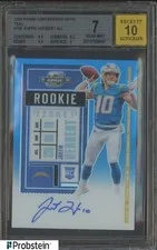This is a picture showing 2020 Contenders Optic Teal Rookie Ticket Justin Herbert RC /99 BGS 7 w/ 10 AUTO