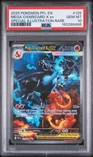 This is a picture showing 2025 POKEMON PHANTASMAL FLAMES SPECIAL ILLUSTRATION MEGA CHARIZARD X EX PSA 10