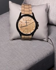 Geneva Platinum Quartz Analog Watch Beige Dial Arabic Numerals Black Case