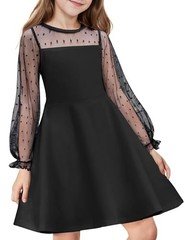  Girl's Dress Sheer Mesh Puff Long Sleeve High Waist Party 10-11 Years Black