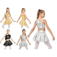 Girls Metallic Fringe 2 Piece Jazz Dance One Shoulder Crop Top Pleated Skirt 