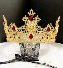 Gold King Lion Crown, Prince Wedding Headpiece, Red Crystal Crown for Groomsmen