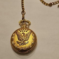 Gold Tone Full Hunter Eagle Pocket Watch w/ Chain, Quartz Japan Movt, Roman Dial