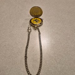 Gold Tone Full Hunter Pocket Watch w/ Chain, Yellow Dial, Quartz