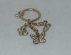 Gold Tone Metal Butterfly Rhinestone & Faux Pearl Charm Key Chain Keyring