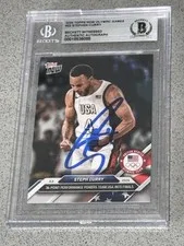 This is a picture showing 2024 Topps Now Olympic Games Auto Stephen Curry Signed Basketball Card BAS & BGS