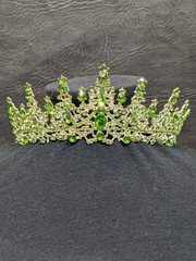 Green Glass Tiara Silver Tone Rhinestone Princess Festival Pageant Quinceañera