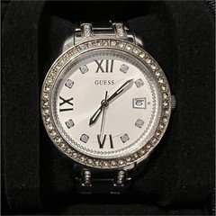 GUESS Women's Silver Analog Roman Numeral Date Gem-Set Bezel Metal Bracelet