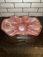Handblown Art Glass Bowl | Iridescent Pink Cranberry |Ruffled Wavy EdgeCollector