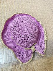 Handmade Purple Crochet Straw Wide Brim Sun Hat w/ Bow Accent Women’s One Size