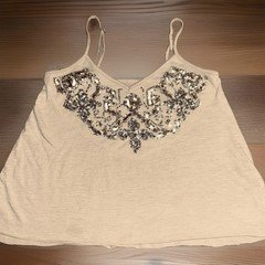 Hollister Beige Cotton Solid Sequin Spaghetti Strap Camisole Top Women XS Junior