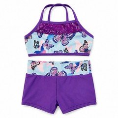 iEFiEL Girls Dance Costume Set Purple Butterfly Sequin Crop Top Shorts Size 4
