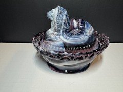 Imperial Marbled Purple and White Slag Glass Lion in Nest Bowl Circa 1850 MINT