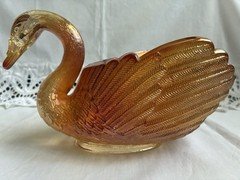 Imperial Marigold Carnival Glass Open Back Swan Candy Dish Bowl