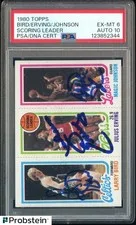 This is a picture showing 1980 Topps Larry Bird Magic Johnson RC Julius Erving HOF PSA 6 PSA/DNA 10 AUTO