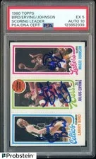 This is a picture showing 1980 Topps Larry Bird Magic Johnson RC Julius Erving HOF PSA 5 PSA/DNA 10 AUTO