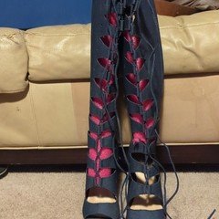 JustFab Women's Lace-Up Strappy Open Toe Heels Synthetic Black/Red Size 9